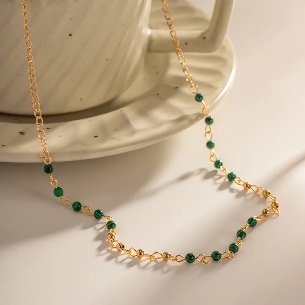 18k Gold Plated Green Malachite Bead Chain Handmade Necklace